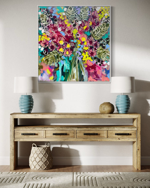 Eucalyptus , banksia and wattle blooms - 76x76cm -original on Belgian linen