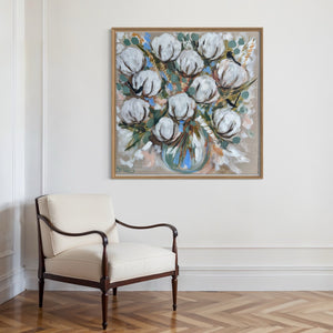 Aussie cotton , wheat and willy wagtails -original on belgian linen  - 90x90 Cm