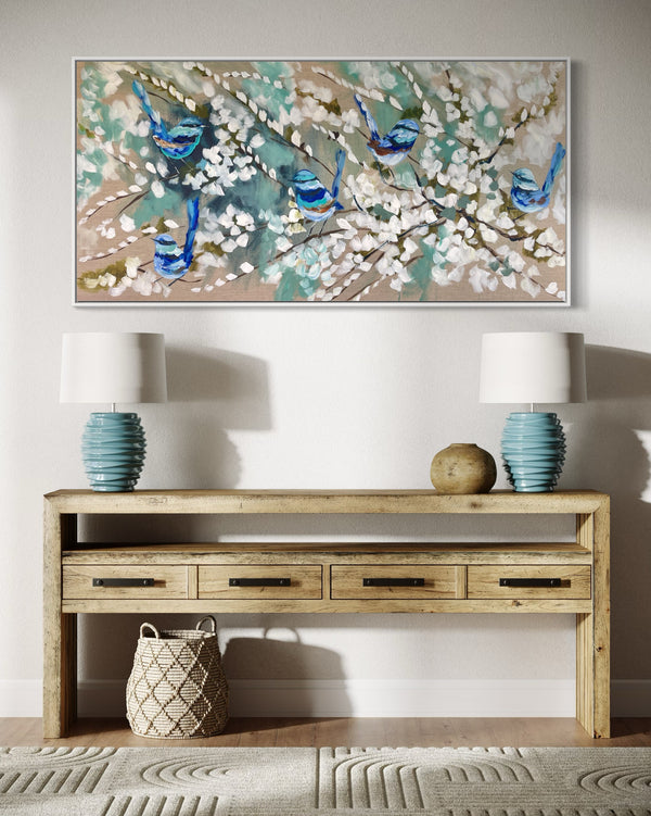 Serene wrens and cherry blossoms -Original on Belgian linen  75x150 Cm