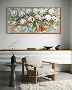 Australian cotton , wheat and willy wagtails -Original on belgian linen  75x150 Cm