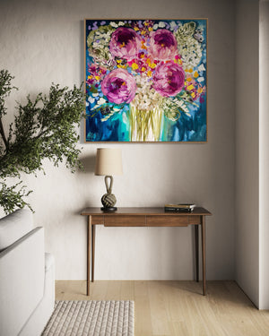 Midnight Peony and banksia -original on gallery canvas - 90x90 Cm