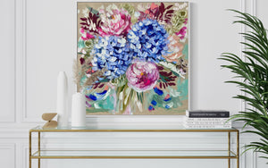 Peony and hydrangea bouquet-original on Belgian linen -76 x76 Cm