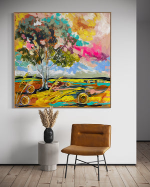 Golden hay bales and shady gum - original on gallery canvas  - 90x90 Cm