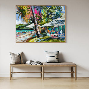 Boardwalk to bistro c- noosa- original on Belgian linen 75x100  cm