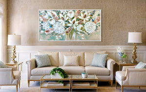 Elegant white Blooms and banksia  - Original on Belgian linen  75x150 Cm