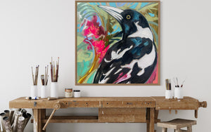 Tropical magpie - 60x60 cm - original on Belgian linen