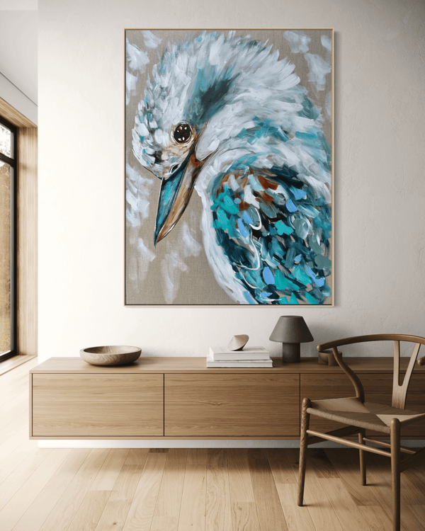Azure kookaburra  -Original on Belgian linen  90x120 cm