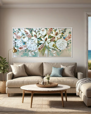 Elegant white Blooms and banksia  - Original on Belgian linen  75x150 Cm