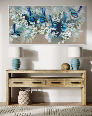 Blue Wrens and cherry blossom -Original on Belgian linen  75x150 Cm