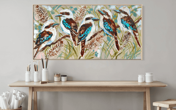 Kookaburra and wild banksia  - original on Belgian linen 75 x150 cm