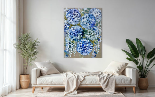Powder blue hydrangea and hidden wrens - original on Belgian linen  - 75x100 Cm