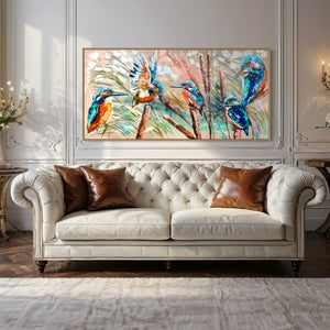 Kingfishers and native bulrushes -Original on Belgian linen  75x150 Cm