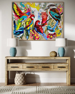 Australian birds of paradise -Original on Belgian linen  90x120  Cm