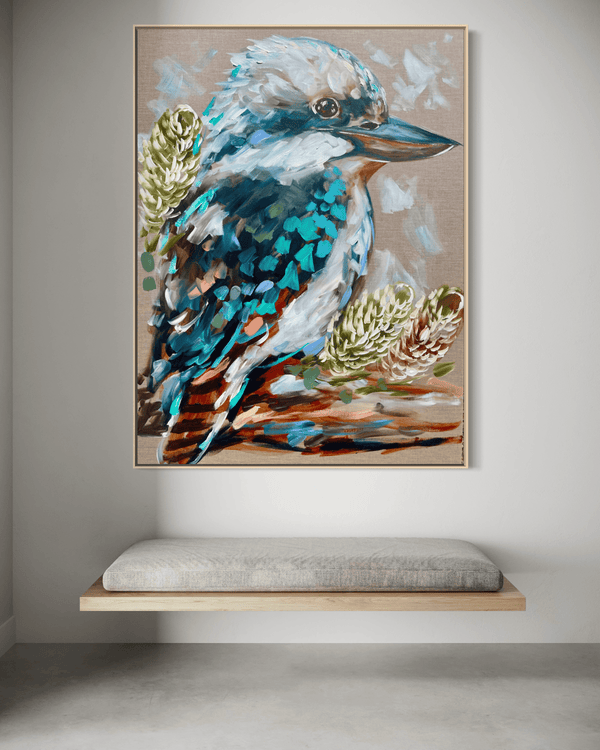 Home again  kookaburra - original on Belgian linen 75x100  cm