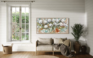 Australian cotton , wheat and willy wagtails -Original on belgian linen  75x150 Cm