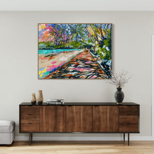 Shady Pandanus Palms - Noosa boardwalk- Original on Belgian linen 90x120  Cm