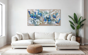 Blue Wrens and cherry blossom -Original on Belgian linen  75x150 Cm