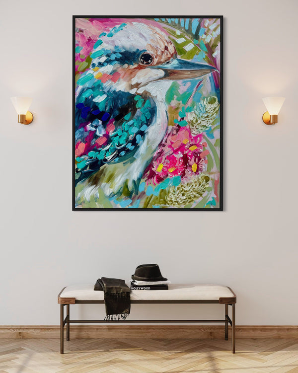 Clancy Kookaburra  - original on Belgian linen  - 75x100 Cm