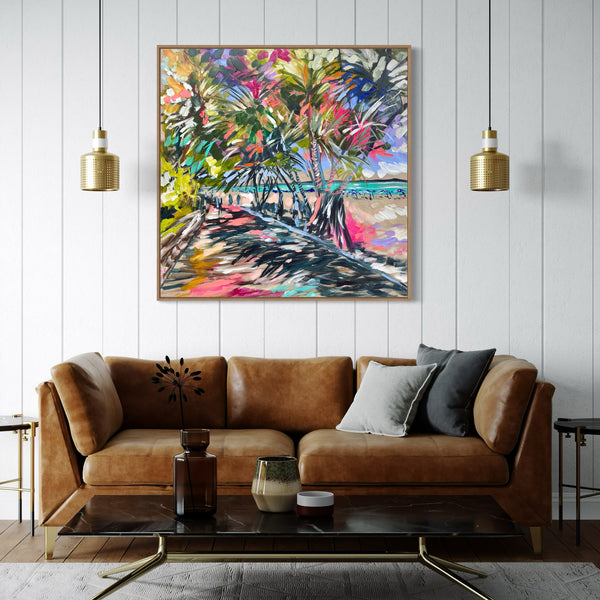 Sunny Life - Noosa Main Beach -original on Belgian linen - 90x90 Cm