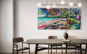 Making memories -noosa main beach -Original on belgian linen  75x150 cm