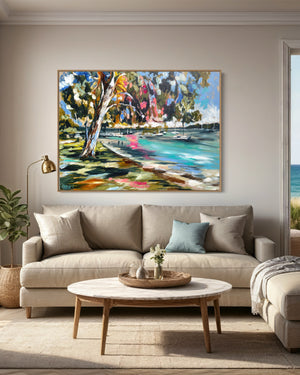 Sunday Strolls - Gympie Terrace - Noosa River -Original on Belgian linen  90x120  Cm