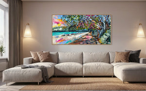 Summertime Boardwalk - Noosa - original on Belgian linen 75 x150 cm