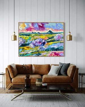 Lilac glow- glass house mountains  -Original on Belgian linen 90x120  Cm