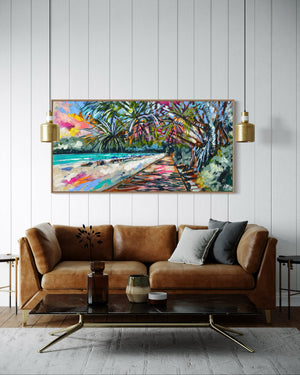 Summertime Boardwalk - Noosa - original on Belgian linen 75 x150 cm