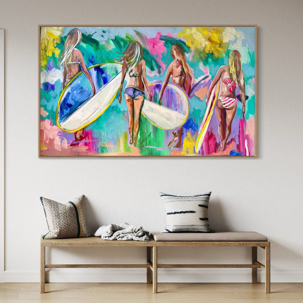 Surf girls at sunrise - original on gallery canvas 90x150  cm