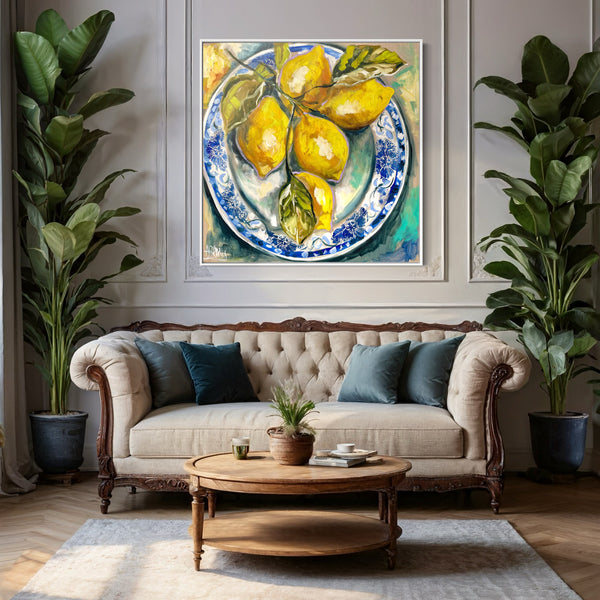 Antique lemon plate   - Original on Belgian linen 90x90cm