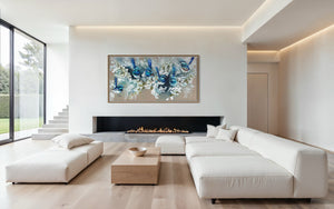 Blue Wrens and cherry blossom -Original on Belgian linen  75x150 Cm