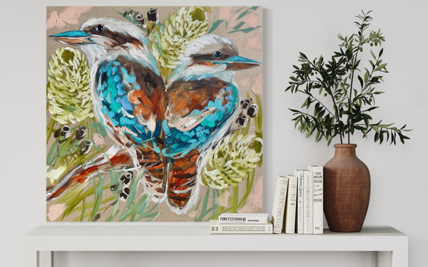 Kookaburra couple- 76x76 cm - original on Belgian linen