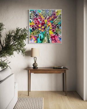 Eucalyptus , banksia and wattle blooms - 76x76cm -original on Belgian linen