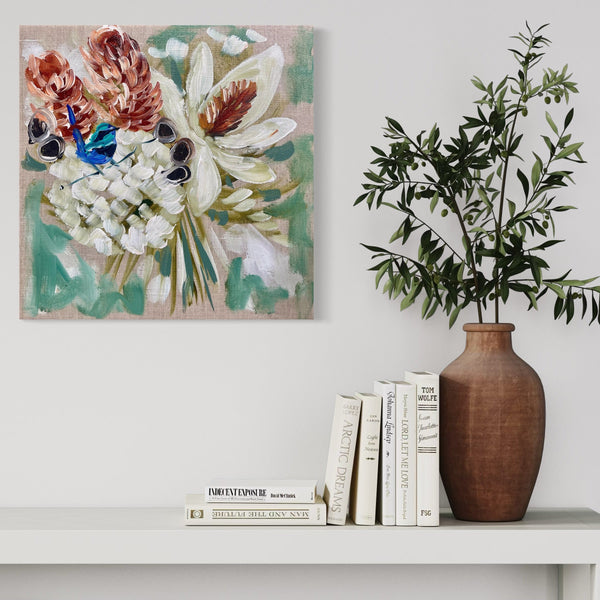 Magnolia and wren 2-original on Belgian linen - 30x30 cm