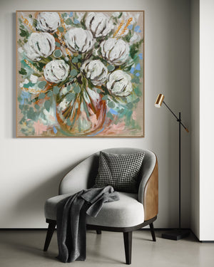 Australian wheat and cotton blooms-original on belgian linen  - 90x90 Cm