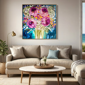 Midnight Peony and banksia -original on gallery canvas - 90x90 Cm