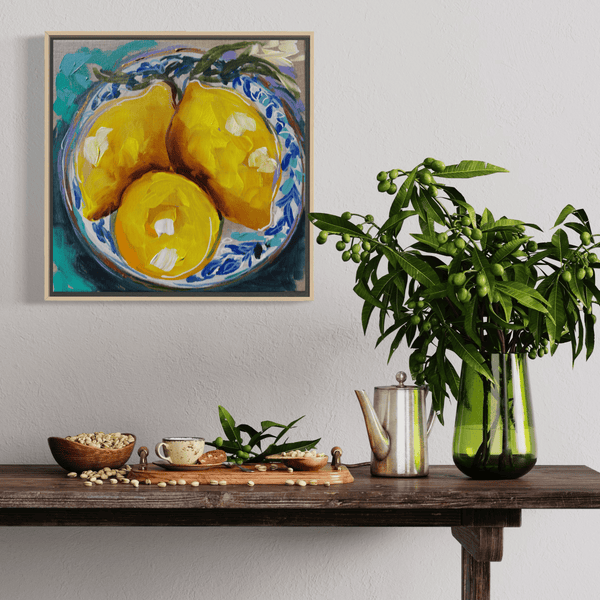 Lemon plate -original on Belgian linen - 30x30 cm