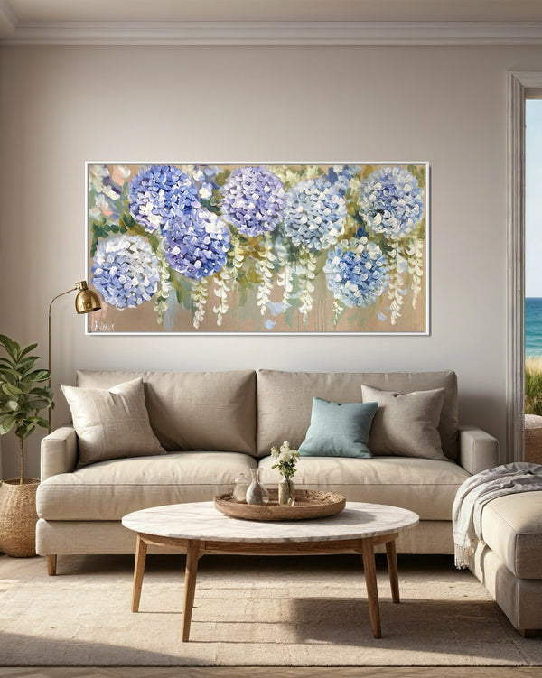 Cascading hydrangea and wisteria - Original on Belgian linen  75x150 Cm