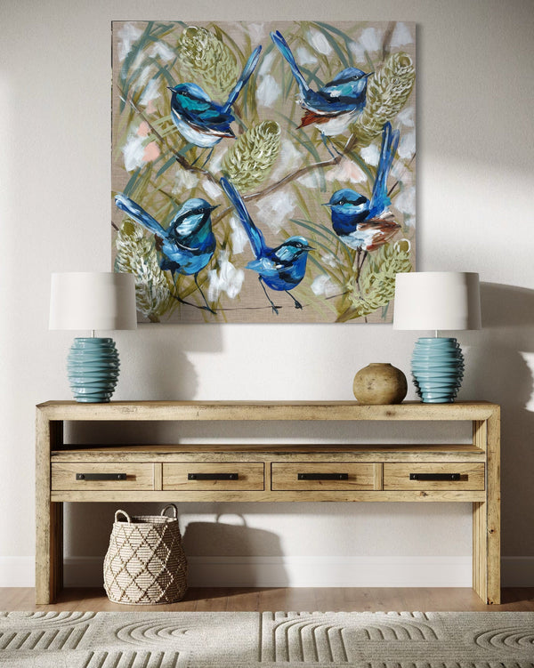 Blue wrens and banksia -original on Belgian linen   - 90x90 Cm