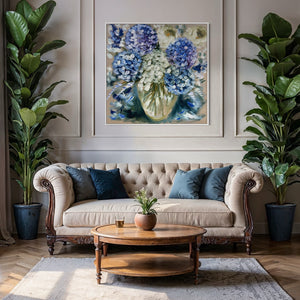 Powder blue hydrangeas - Original on Belgian linen 90x90cm