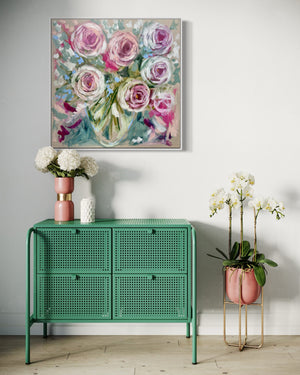 Forget me not Rosa - 76x76 cm - original on Belgian linen - lay by welcome