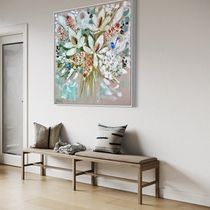 White fragrant bouquet and banksia   - Original on Belgian linen 90x90cm