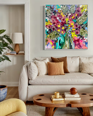 Eucalyptus , banksia and wattle blooms - 76x76cm -original on Belgian linen