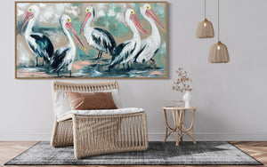 Noosa Holiday Pelicans  -  Original on Belgian linen  75x150 Cm