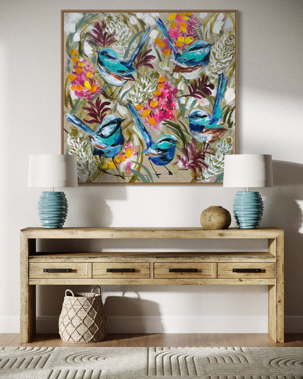 Blue wrens, banksia and flowering gum -original on Belgian linen   - 90x90 Cm