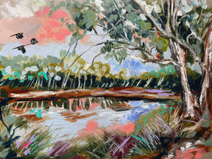 Black cockatoos at the billabong - art print