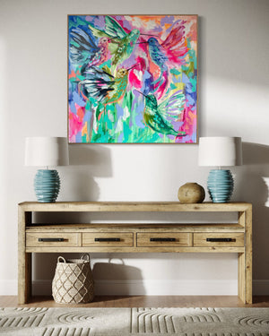 A rainbow blessing - hummingbirds - original on gallery canvas 90x90cm