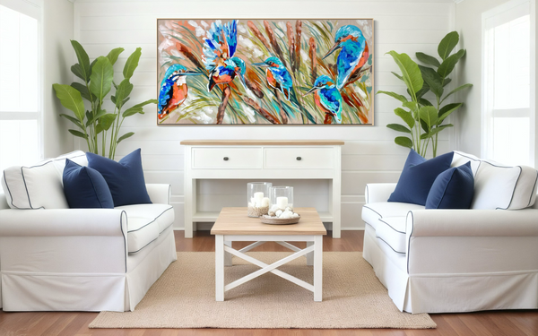 Vibrant azure Kingfishers -Original on Belgian linen  75x150 Cm