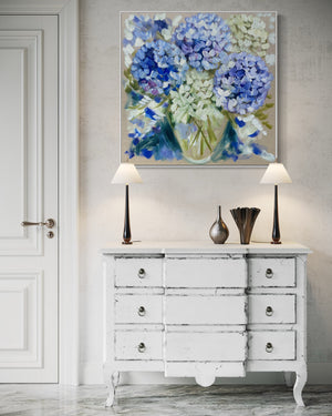 Powder blue Hydrangea- 76x76 cm - original on Belgian linen - lay by welcome