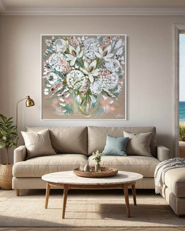 Elegant white blooms and banksia -Original on Belgian linen 120x120 cm